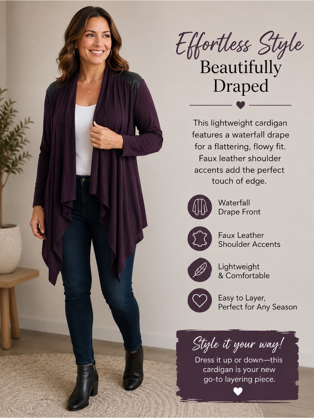 Lightweight Dark Purple Waterfall Cardigan with Faux Leather Accents